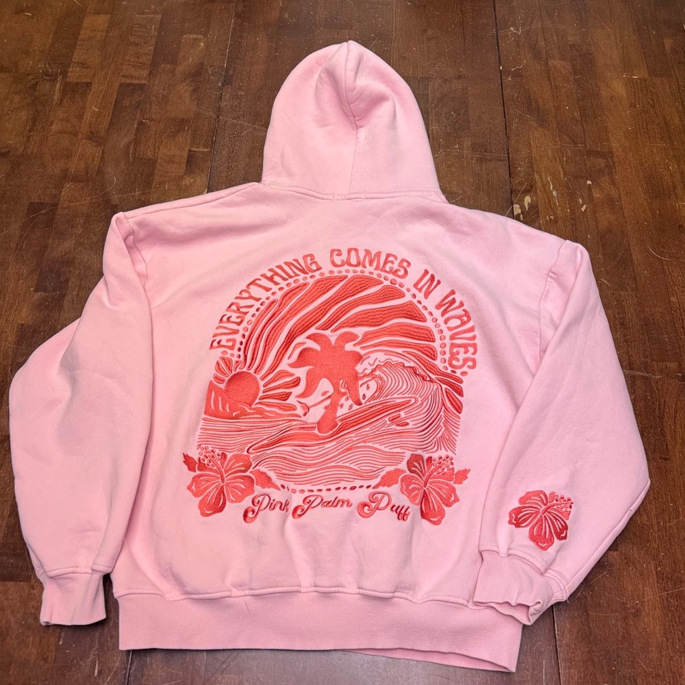 Pink Palm Puff Hoodie Mens Medium Pink Everything Comes In Waves Puff Print